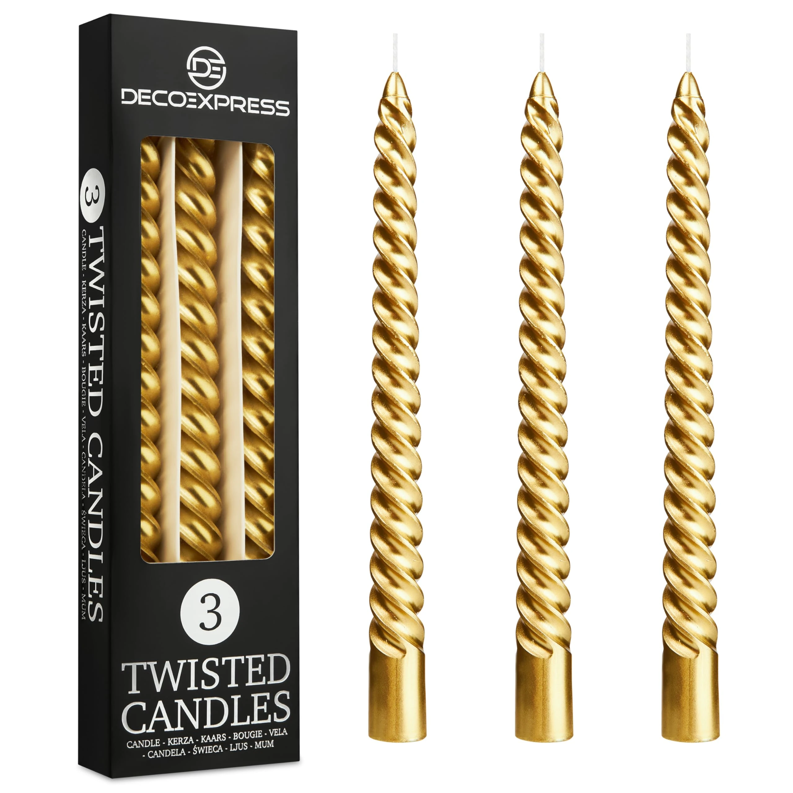 DECO EXPRESS Dinner Candles Pack of 3 or 6 Twisted Non Drip Coloured Spiral Candles Long Lasting 6 Hours Burn Non Scented (Gold, Pack of 3)