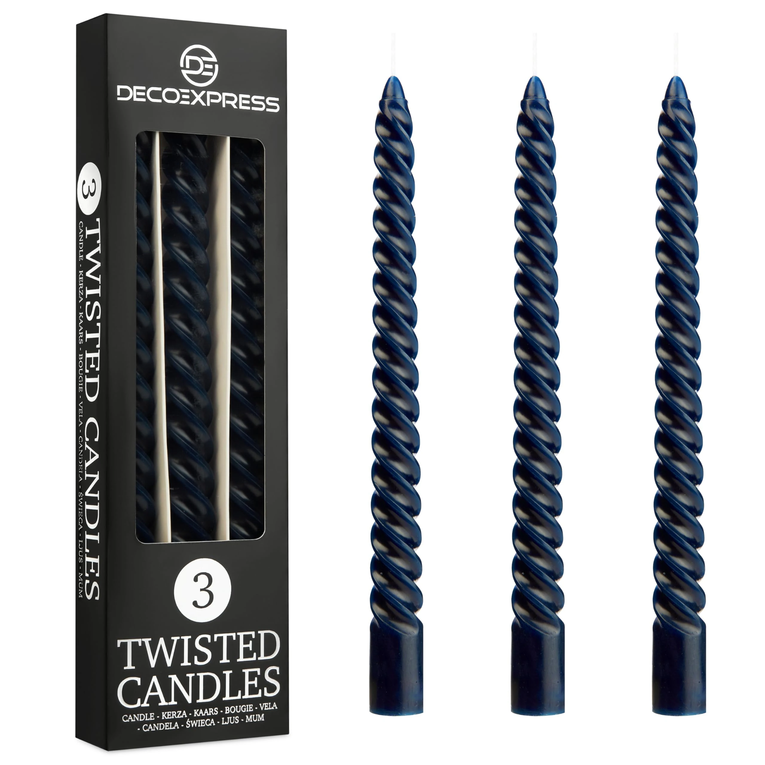 DECO EXPRESS Dinner Candles Pack of 3 or 6 Twisted Non Drip Coloured Spiral Candles Long Lasting 6 hours Burn Non Scented (Blue, Pack of 3)