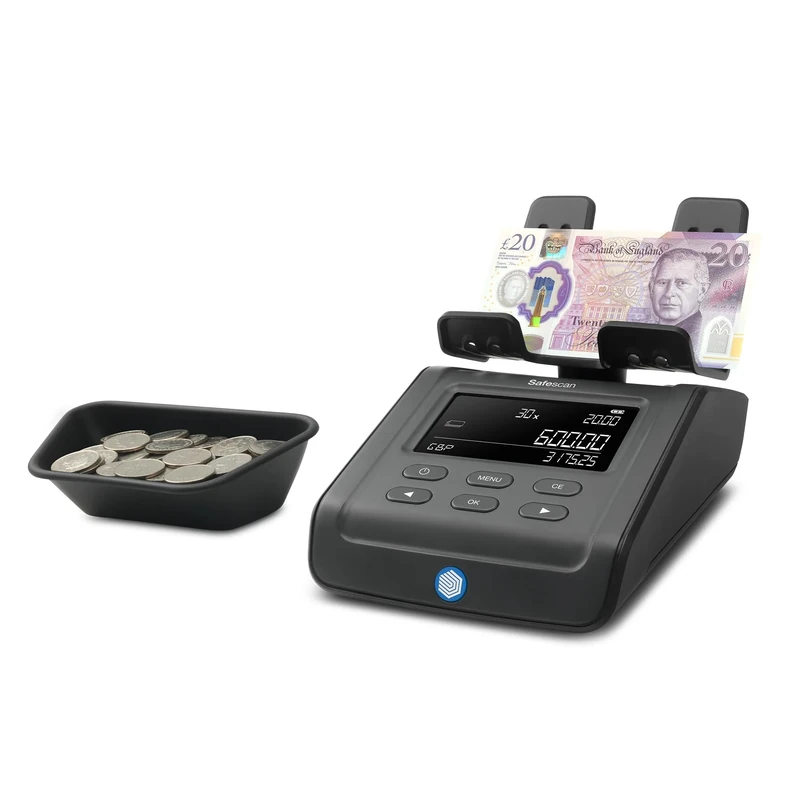 Safescan 6175 Money Counting Machine - Value Counts Coins, Banknotes, Vouchers and Tokens - Coin Counter with Coin roll recognition - Money Scale with Memory - Suitable for the New King Charles Notes
