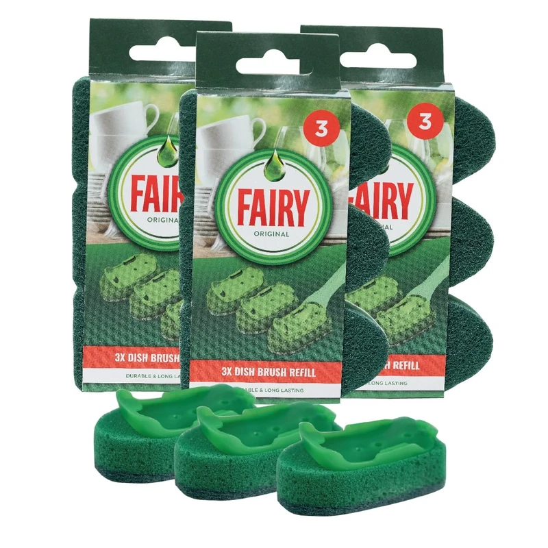 Fairy Soap Dispensing Non Scratch Sponge Scourer Dish Brush Replacement Refill Heads, Durable Long Lasting Bulk pack of 9 Heads