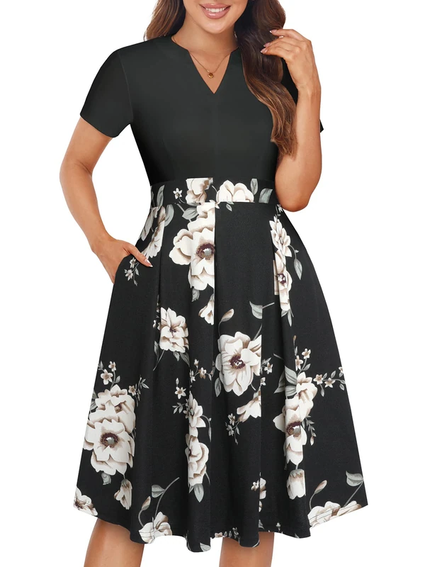 YATHON Womens Elegant Print Notched Neck Slant Pocket Pleated Hem Casual A-Line Dress, B-Black Khaki P2, M