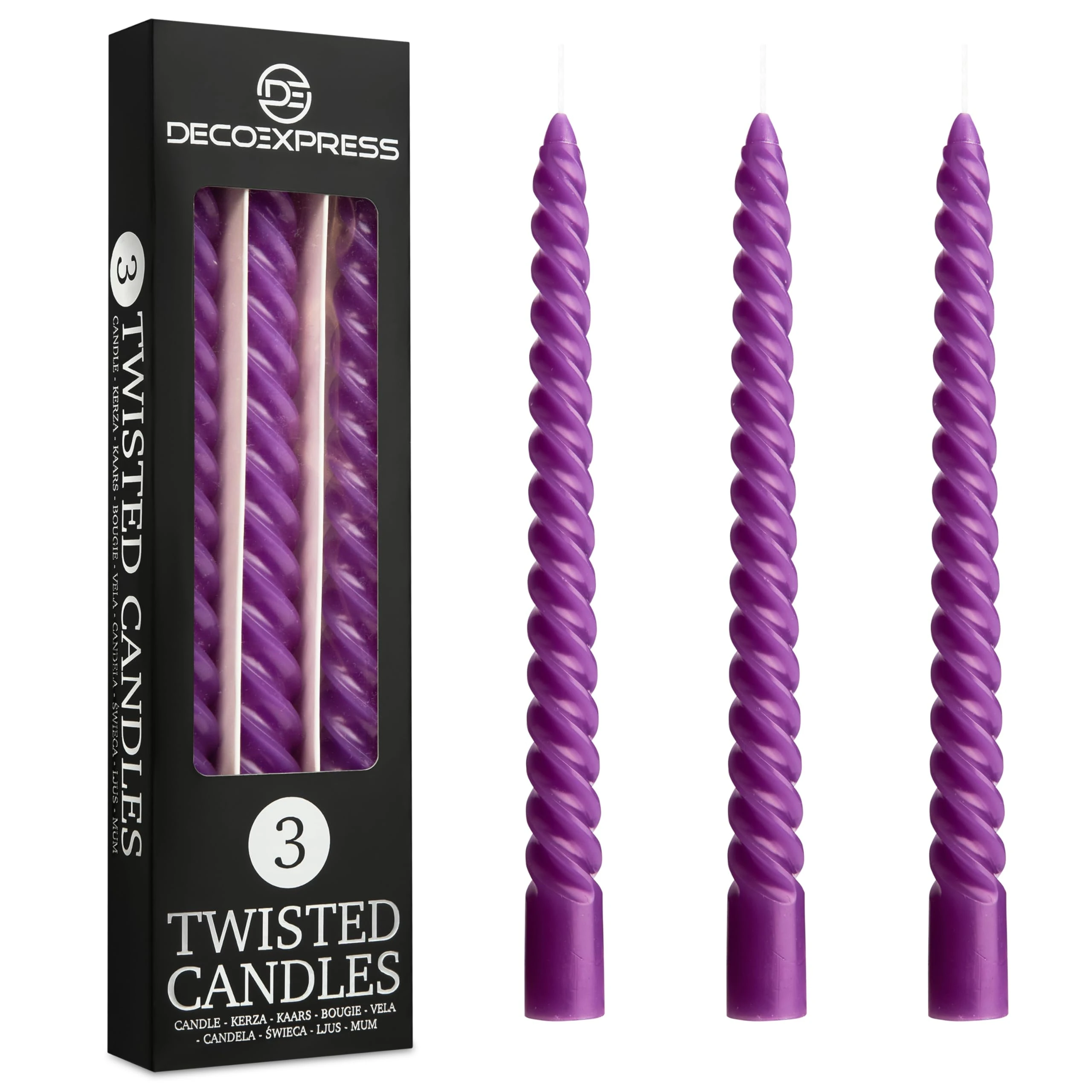 DECO EXPRESS Dinner Candles Pack of 3 or 6 Twisted Non Drip Coloured Spiral Candles Long Lasting 6 Hours Burn Non Scented (Purple, Pack of 3)