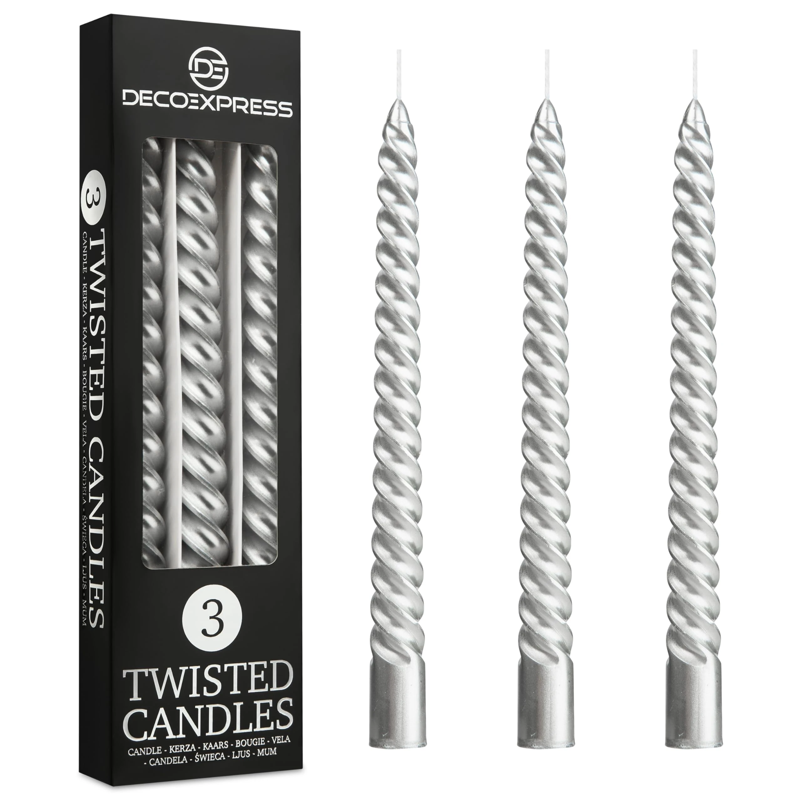 DECO EXPRESS Dinner Candles Pack of 3 or 6 Twisted Non Drip Coloured Spiral Candles Long Lasting 6 Hours Burn Non Scented (Silver, Pack of 3)