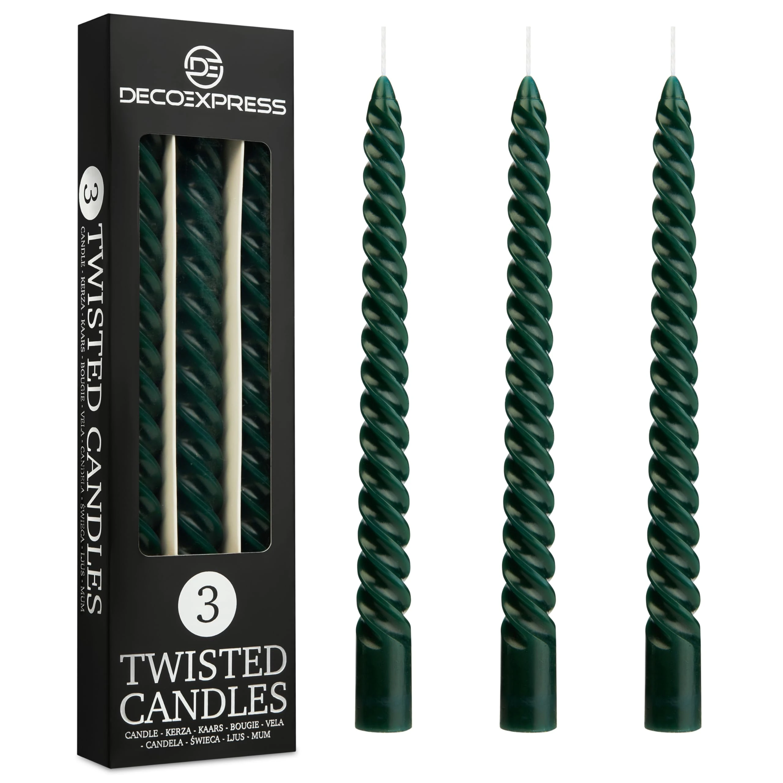 DECO EXPRESS Dinner Candles Pack of 3 or 6 Twisted Non Drip Coloured Spiral Candles Long Lasting 6 Hours Burn Non Scented (Green, Pack of 3)