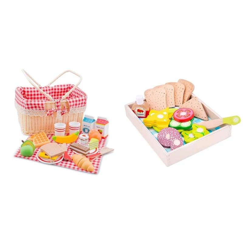 New Classic Toys 10590 Wooden Pretend Play Kids Picnic Basket Set & 10591 Wooden Pretend Play Kids Lunch Picnic Box Cooking Simulation Educational Perception Toy