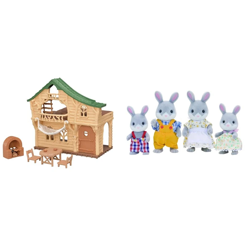 Sylvanian Families 5451 Lakeside Lodge Log Cabin & Cottontail Rabbit Family