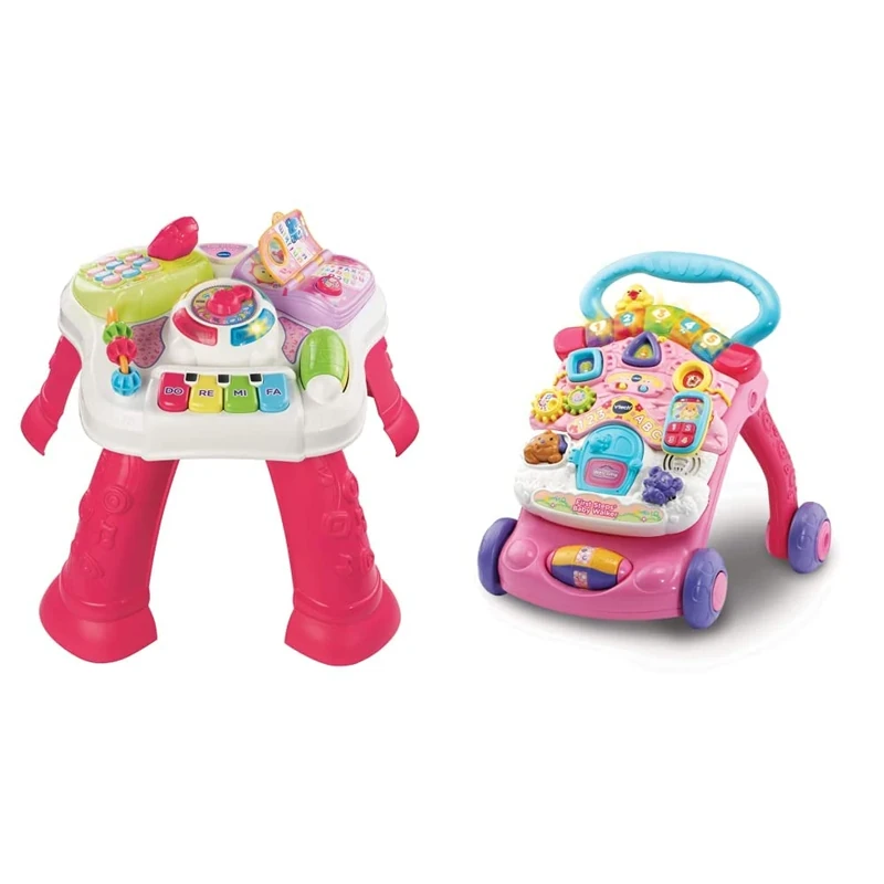 VTech Baby Activity Table & Walker, Pink, 6 Months+, Unisex, Educational Musical Toy with Shape Sorting, Sound, 505653, Removable Legs, Activity Panel