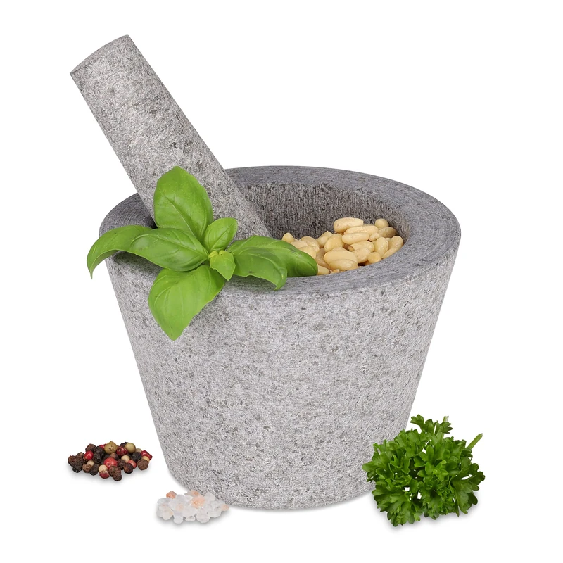 Relaxdays Pestle, Spices, Herbs, Polished Stone Mortar, HxD: 10x14cm, Durable, Non-Slip, Granite, Grey