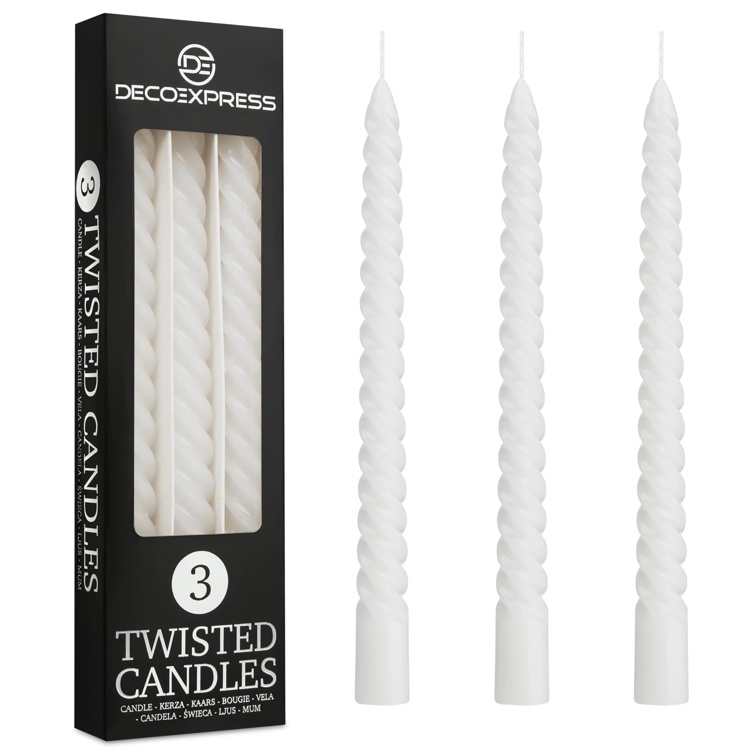 DECO EXPRESS Dinner Candles Pack of 3 or 6 Twisted Non Drip Coloured Spiral Candles Long Lasting 6 Hours Burn Non Scented (White, Pack of 3)