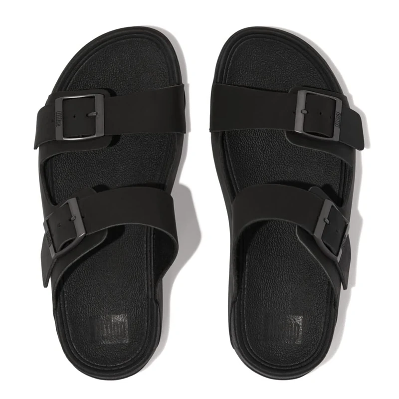 Fitflop GOGH MOC MENS BUCKLE LEATHER SLIDES Men's, BLACK, 6 UK