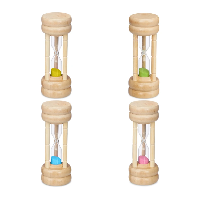 Relaxdays 4x Sand Timer, Hourglass, Productivity Clock, 4 Different Times, HxW: 10x4cm, Children, Fun, Glass, Colourful, Wood, 10 x 4 cm