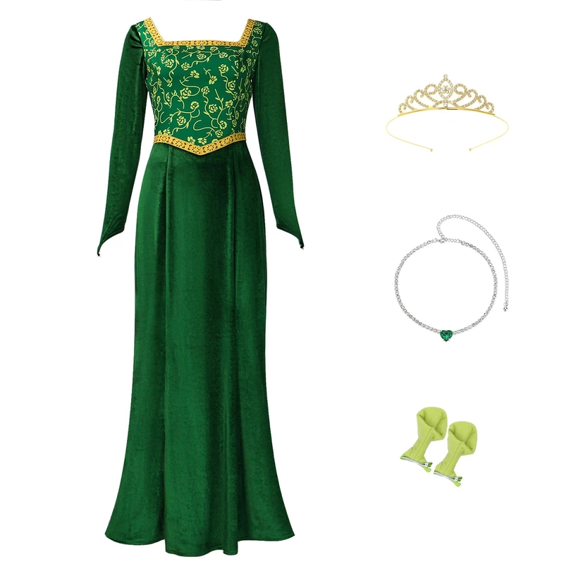 Cuzeolin Princess Costume Dress for Women Long Sleeves Green Velvet Gown Elegant Party Dress S