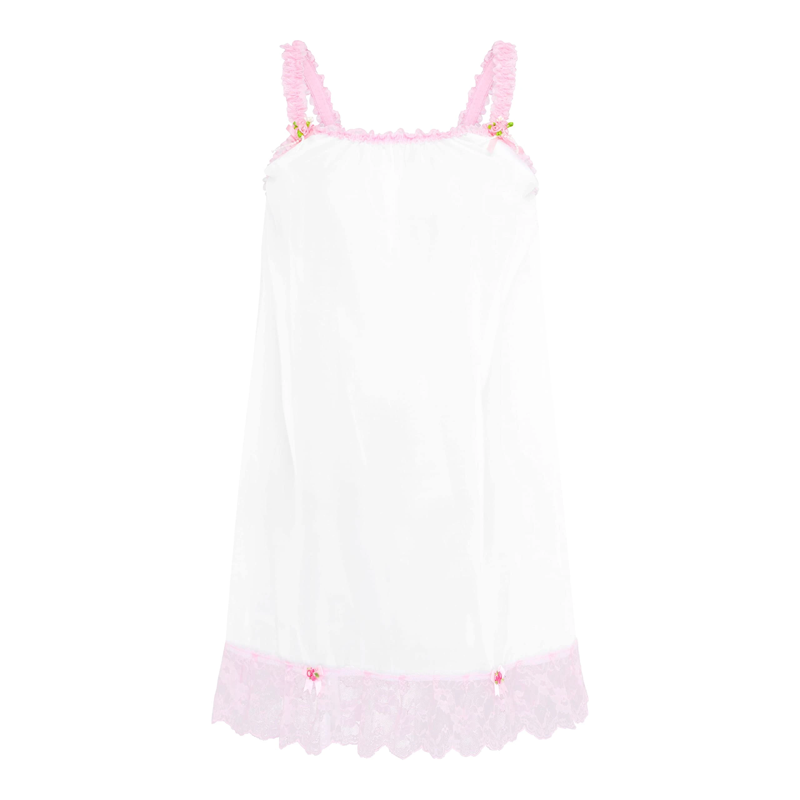 Satini Lingerie Sheer Sissy Babydoll Ruffles Frilly Lace Slip Nightwear (White - Baby Pink, L)