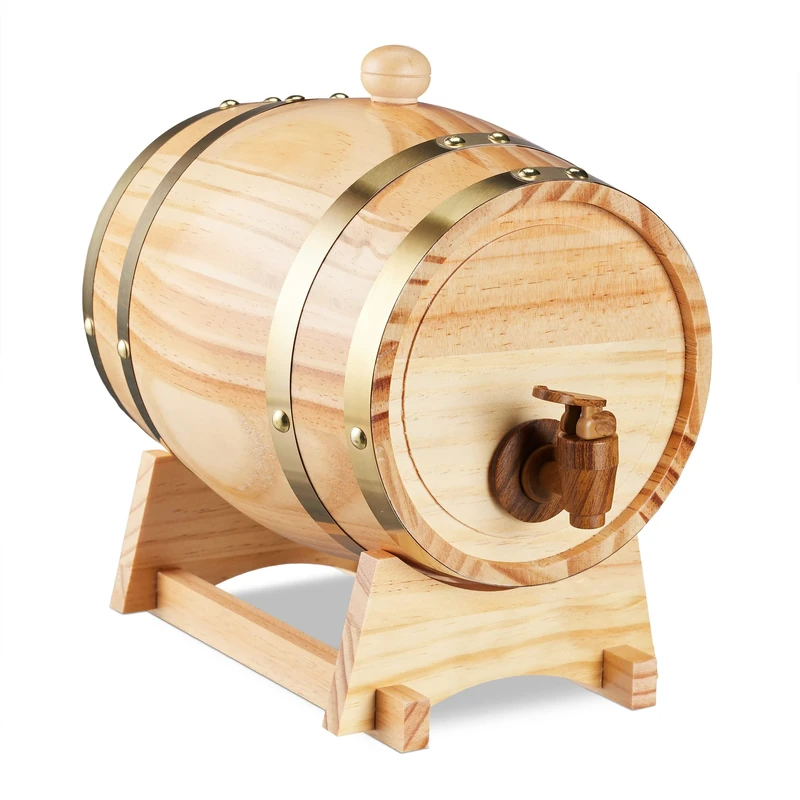 Relaxdays Wooden Barrel, Volume 2.2 L,Pine Wood, for Wine, Whisky & Liquor, Aluminium Lining, Dispenser Tap, Natural, 10% Plastic 70% 20%, 25 x 18.5 x 27 cm