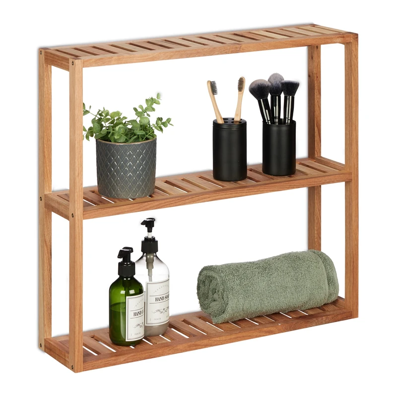 Relaxdays Wall Shelf, 3 Levels, Narrow Wooden Storage, Bathroom, Kitchen, Standing & Hanging, 54 x 60 x 15 cm, Natural, Wood