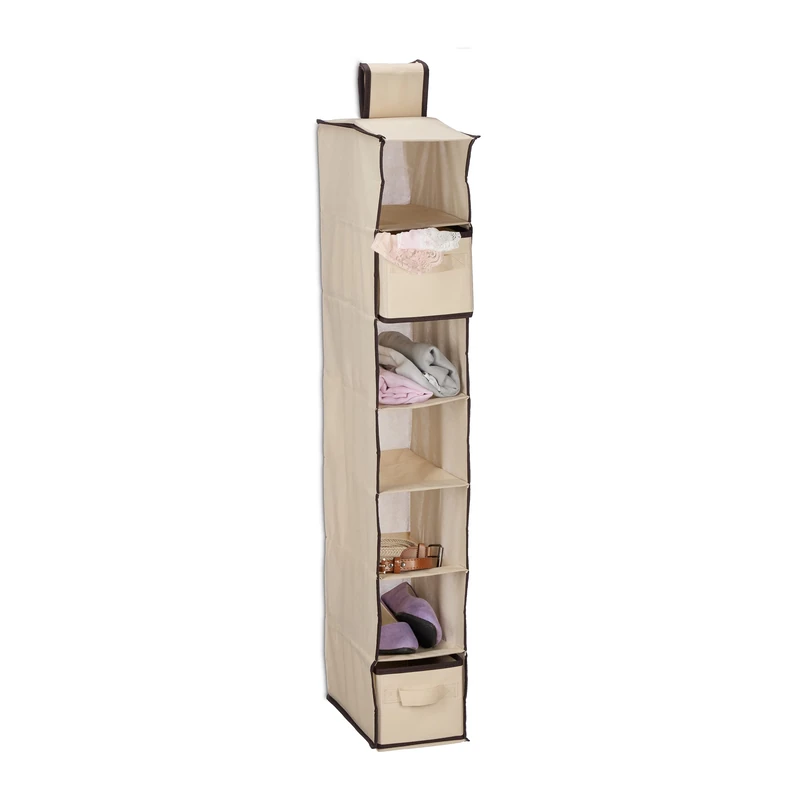 Relaxdays Wardrobe Storage, 7 Open Compartments, 2 Drawers, HxWxD: 106x16.5x31 cm, Hanging Organiser, Beige, Fleece