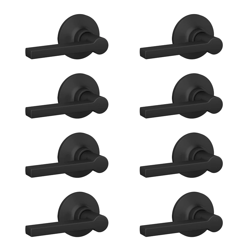 Lock Scout Straight Lever with Round Trim Hall and Closet Door Handle, Matte Black Finish, 8 Pack