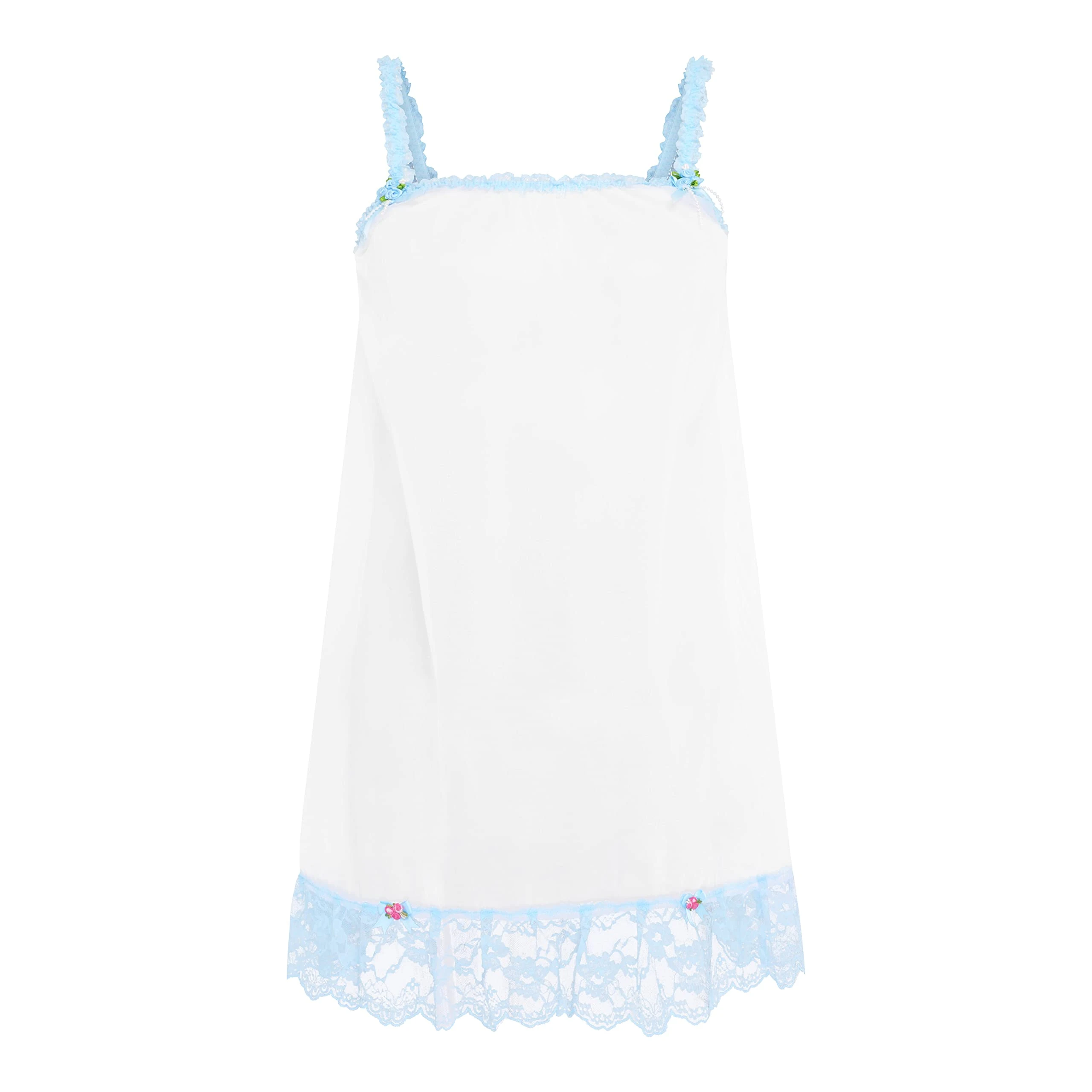 Satini Lingerie Sheer Sissy Babydoll Ruffles Frilly Lace Slip Nightwear (White - Baby Blue, L)