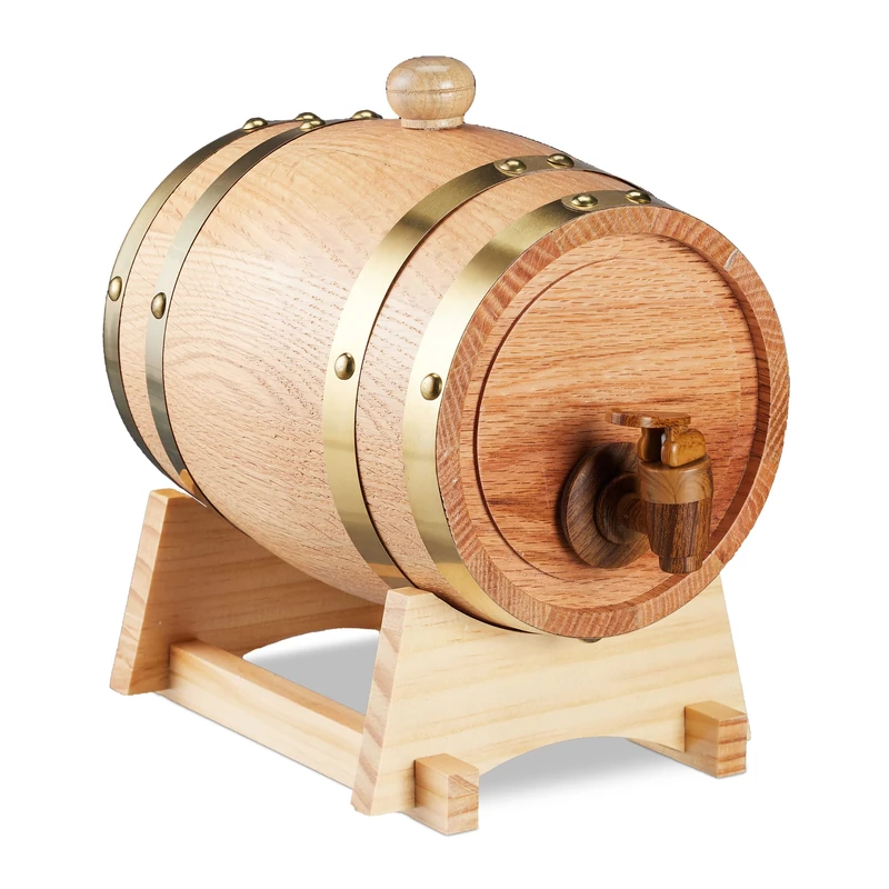 Relaxdays Wooden Barrel, Volume 1.25 L, Oak Wood, for Wine, Whisky & Liquor, Aluminium Lining, Dispenser Tap, Natural, Plastic, 23 x 16 x 24 cm