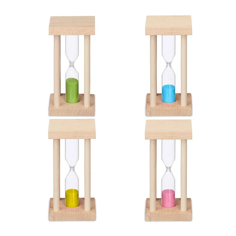 Relaxdays 4x Sand Timer, Hourglass, Productivity Clock, 4 Different Times, HxW: 9x4.5cm, Children, Fun, Glass, Colourful, Wood, 9 x 4.5 cm