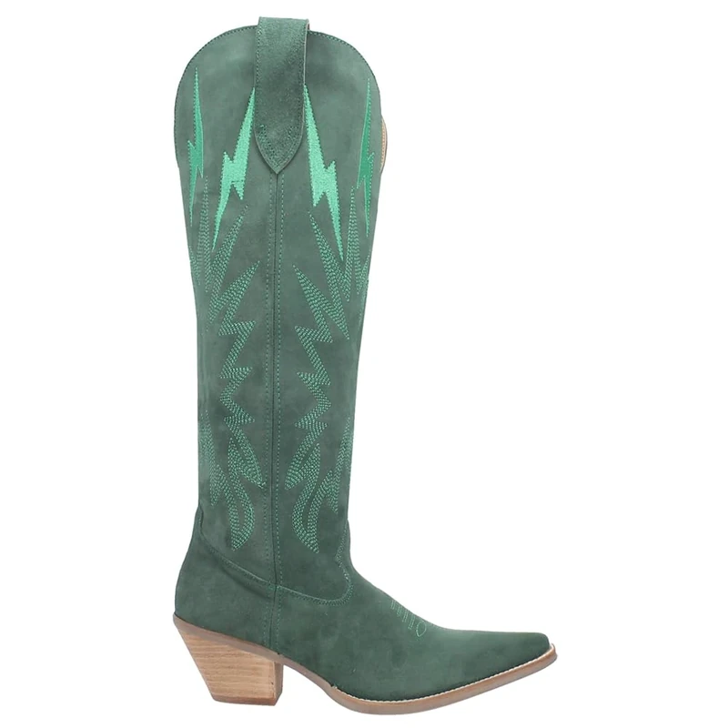 Dingo Womens Thunder Road Embroidered Snip Toe Leather Cowboy Boots Knee High Mid Heel 2-3'' - Black, Green, 5.5 UK