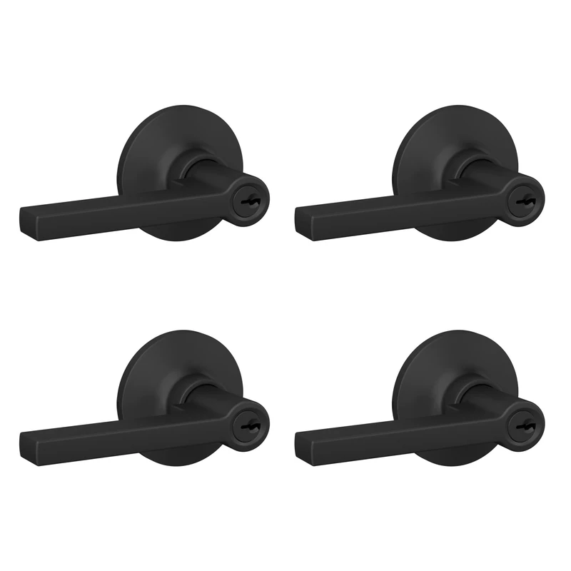 Lock Scout Straight Lever with Round Trim Keyed Entry Door Handle, Matte Black Finish, 4 Pack