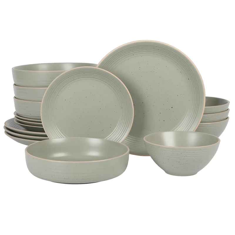 Gibson Home Dinah 16 Piece Double Bowl Stoneware Embossed Speckled Dinnerware Set - Sage Green
