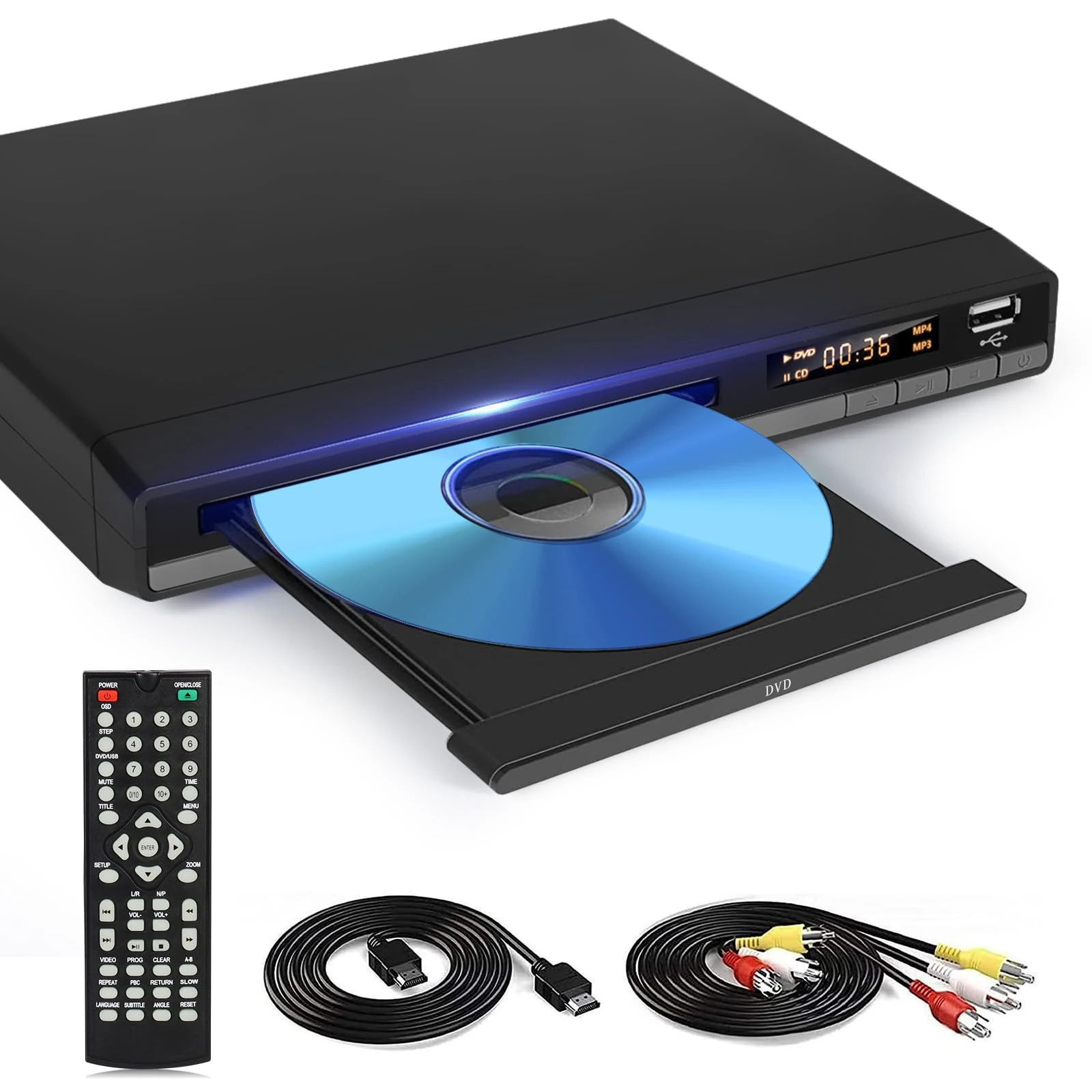 HD DVD Player for TV, Multi Region DVD Player for Smart TV, HDMI/RCA Output Cable Included, 1080P, Breakpoint Memory, Built-in PAL/NTSC, CD Players for Home (Not Support Blu-ray Discs)