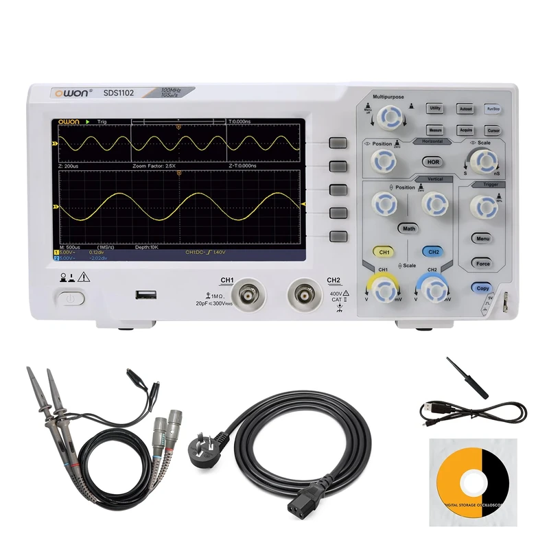 OWON SDS1102 Digital Oscilloscope with 2 Channels 100Mhz 1GSa/s, TFT-LCD Display, Portable Professional Oscilloscope Kit, USB Digital Storage Oscilloscope/Signal Generator/Logic Analyzer
