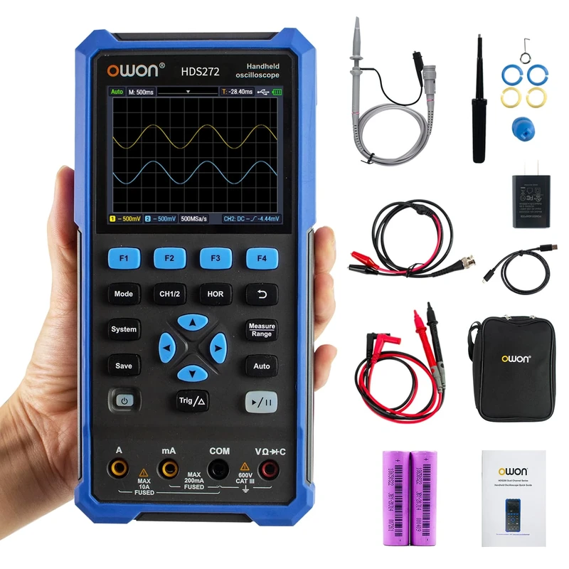 OWON HDS272 Handheld Oscilloscope, 70MHz Bandwidth 2 in 1 Digital Multimeter Oscilloscope, 20000 Counts with 2 Channel USB Type C and 3.5 Inch LCD Display (oscilloscope+multimeter)