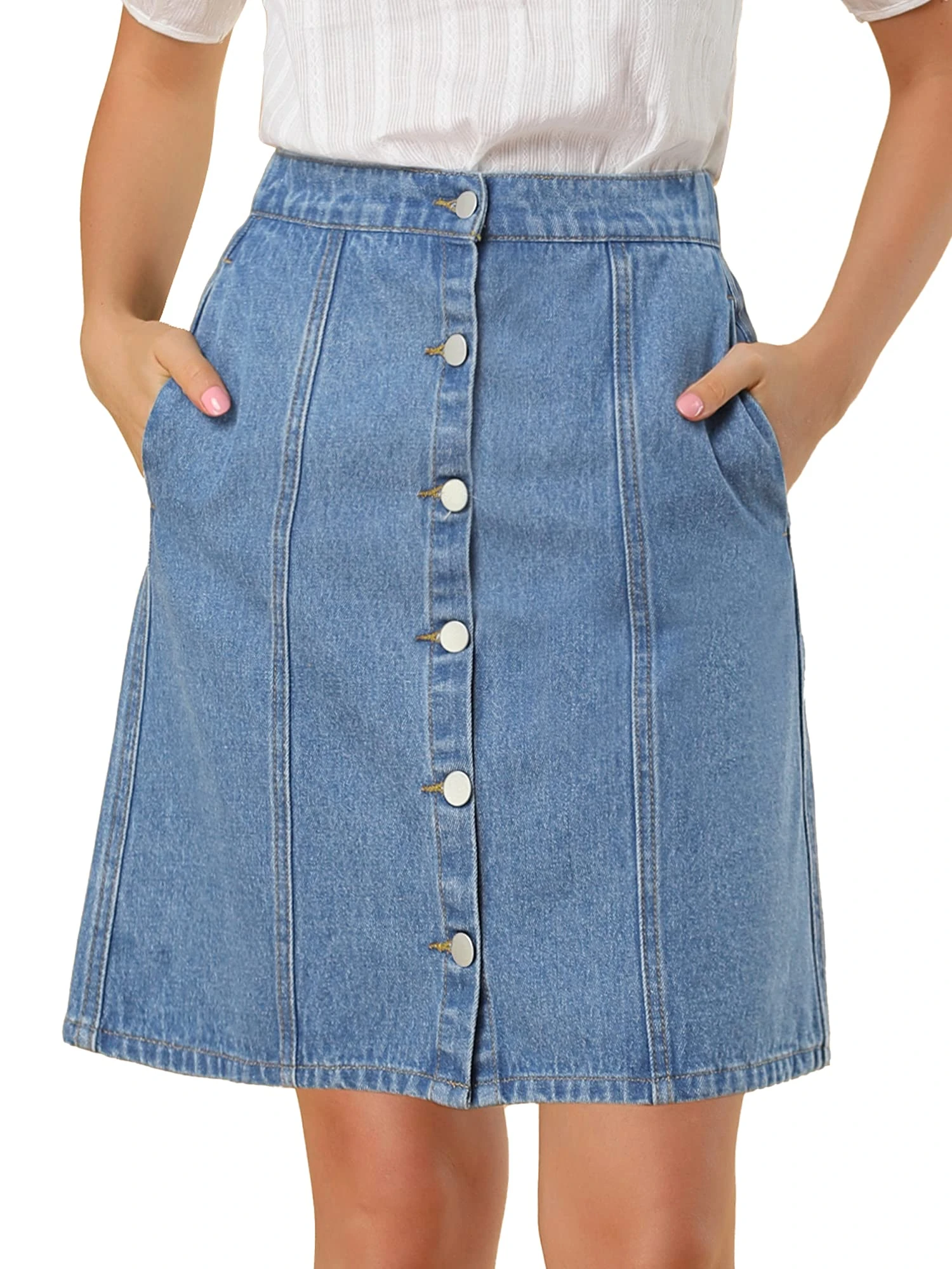 Allegra K Women's Denim Skirts 2024 Summer Casual A-Line Short Button Down Jean Skirt, Light Blue, 3XL