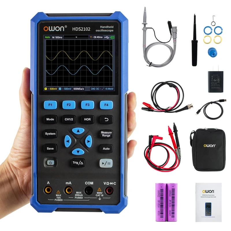 OWON HDS2102 Handheld Oscilloscope, 100MHz Bandwidth 2 in 1 Digital Multimeter Oscilloscope, 20000 Counts with 2 Channel USB Type C and 3.5 Inch LCD Display (oscilloscope+multimeter)