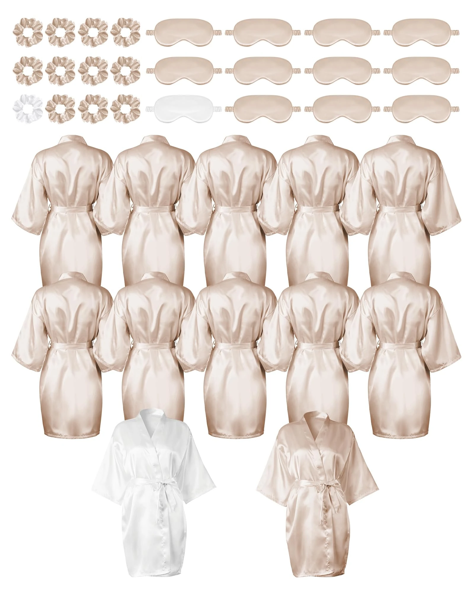 12 Pack Satin Women Robes Kimono Robe Bulk with Sleeping Mask and Hair Tie Sets Silky Bathrobes for Birthday Wedding Party, White, Champagne, One Size
