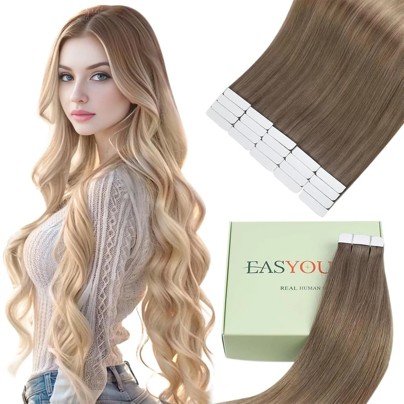 Easyouth Tape in Hair Extensions Human Hair Balayage Glue in Hair Extensions Real Human Hair Brown to Blonde Ombre Tape Extensions Human Hair Remy Natural 20 Inch 50g 20Pcs