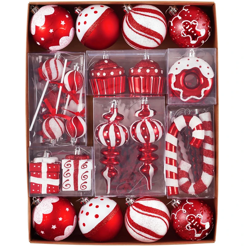 Valery Madelyn Christmas Valentines Ball Ornaments Set, 80ct Candy Cane Red and White Shatterproof Christmas Tree Decorations, Variety Hanging Ornaments for Xmas Trees Bulk Holiday Party Decor
