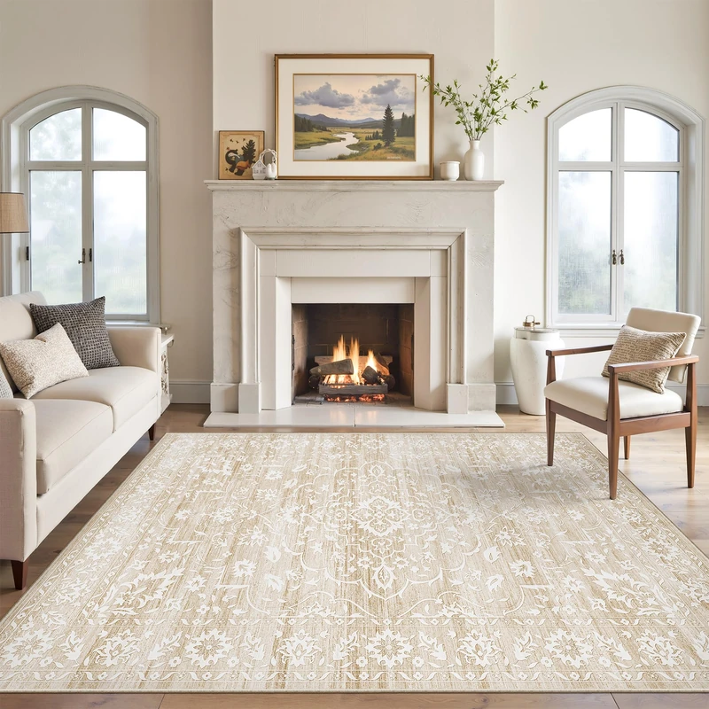 Soalmost 5x7 Area Rugs for Living Room, Beige Floral Washable Rugs for Dining Room, Bedroom, Home Office, Vintage Non-Slip Thin Rug