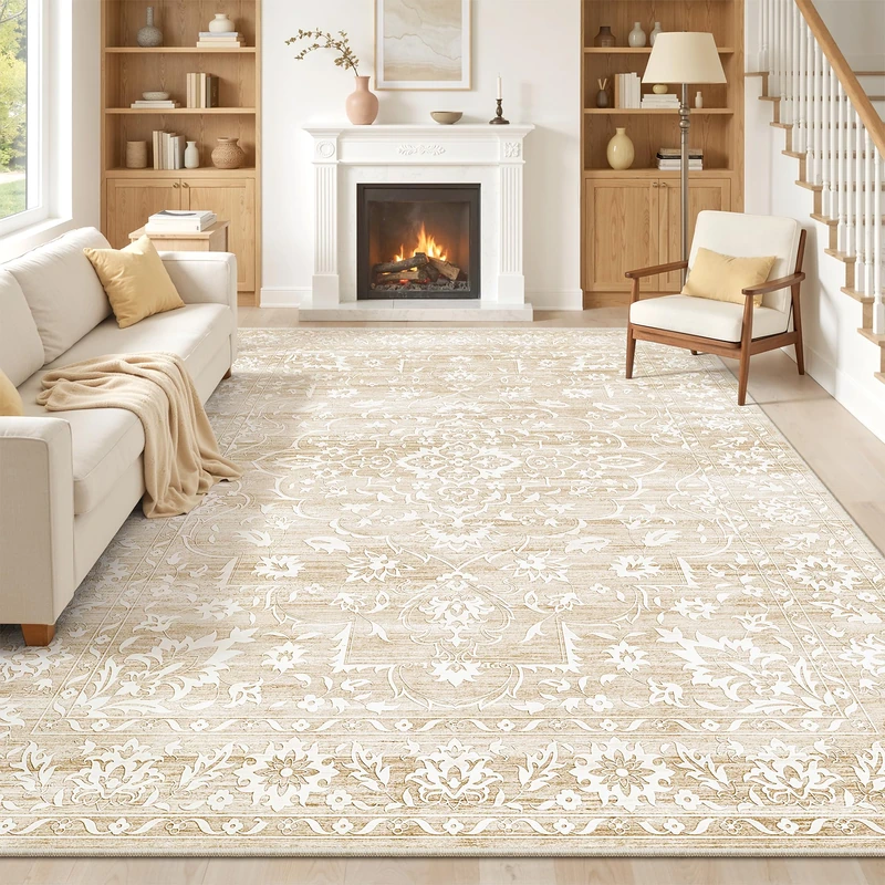 Soalmost 8x10 Area Rugs for Living Room, Stain Resistant Washable Rugs for Dining Room, Kitchen, Floral Vintage Non-Slip Thin Large Beige Rug