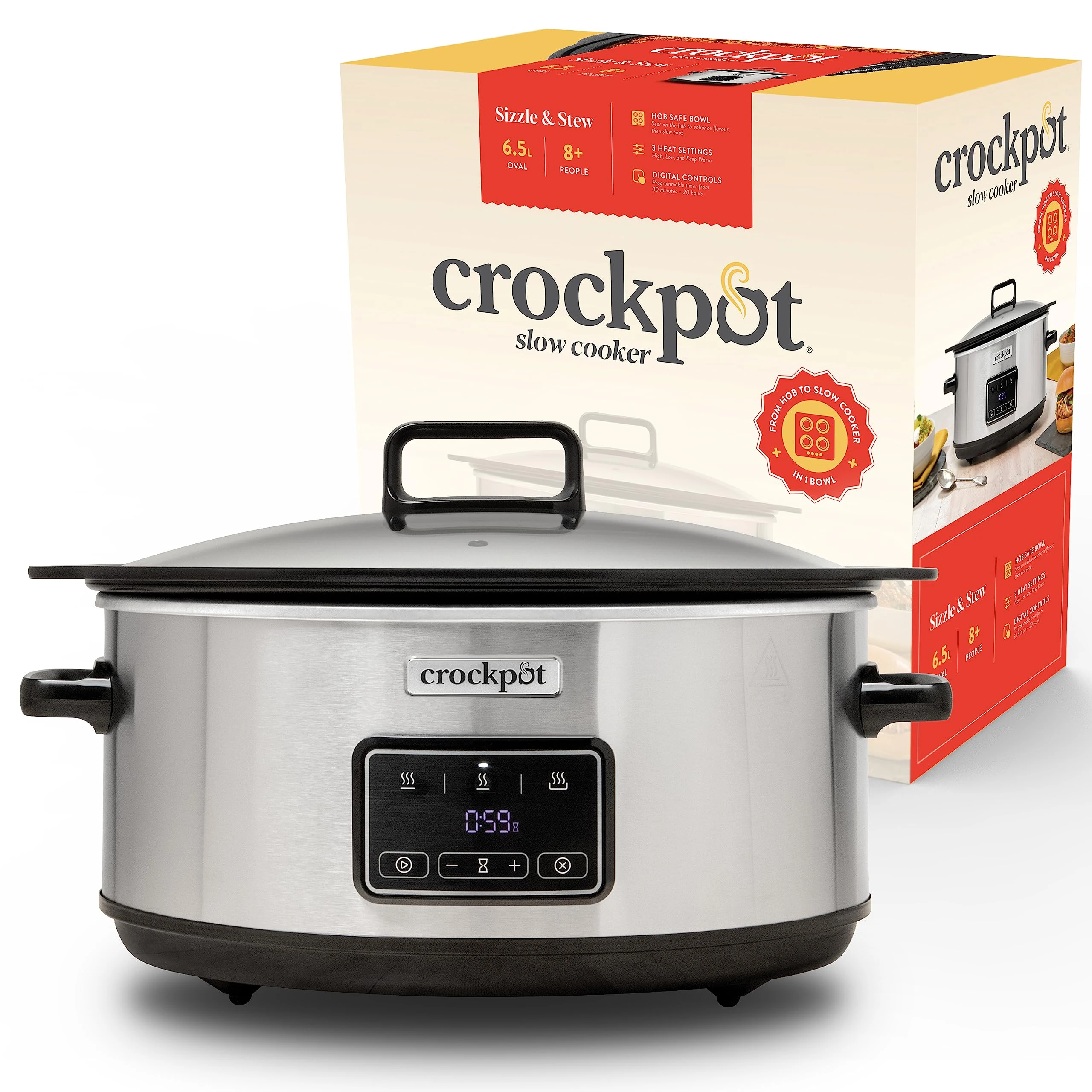 Crock-Pot Sizzle & Stew Digital Slow Cooker | 6.5 L (8+ People) | Removable Induction Hob-Safe Bowl Sears Meat & Vegetables | UK 3 Pin Plug | Stainless Steel [CSC112]