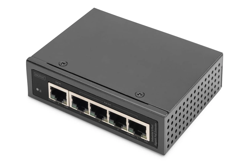DIGITUS Gigabit PoE Extender - 5-port - 1 RJ45 input port 802.3bt - 4 RJ45 outputs PoE 802.3af/at - Cascadable - 10/100/1000 Mbit/s - Industrial series - Black