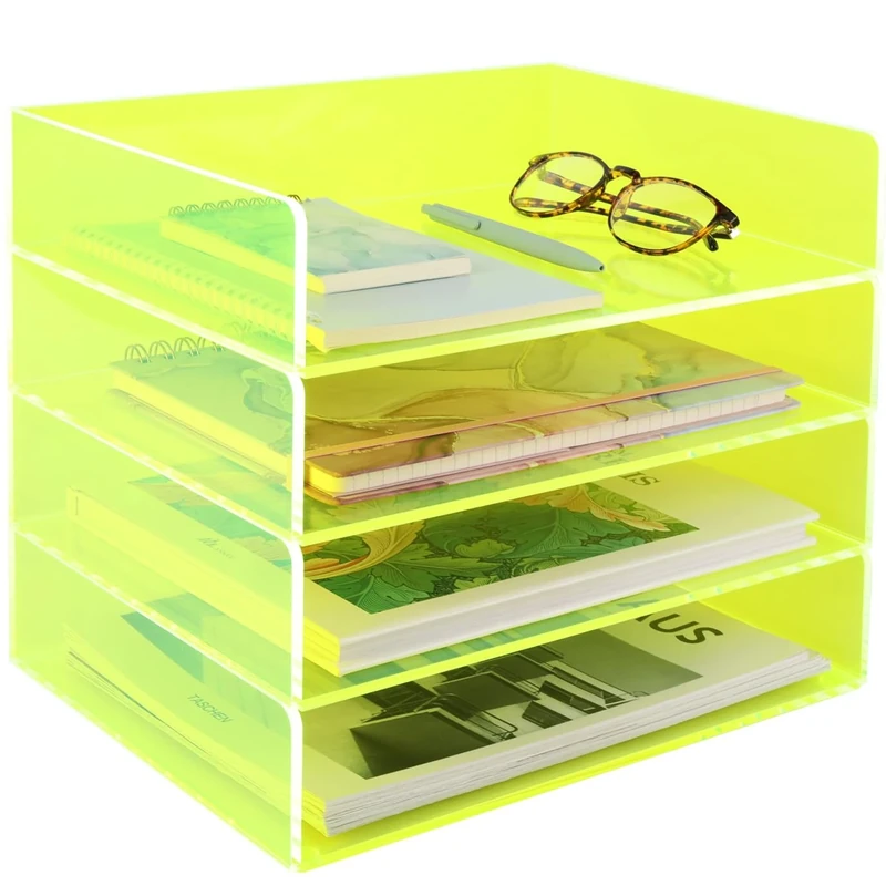 Gelite Acrylic File Organizer for Desk 4 Tiered Stackable Letter Tray Office Paper Storage Desktop Document Sorter, Neon Green