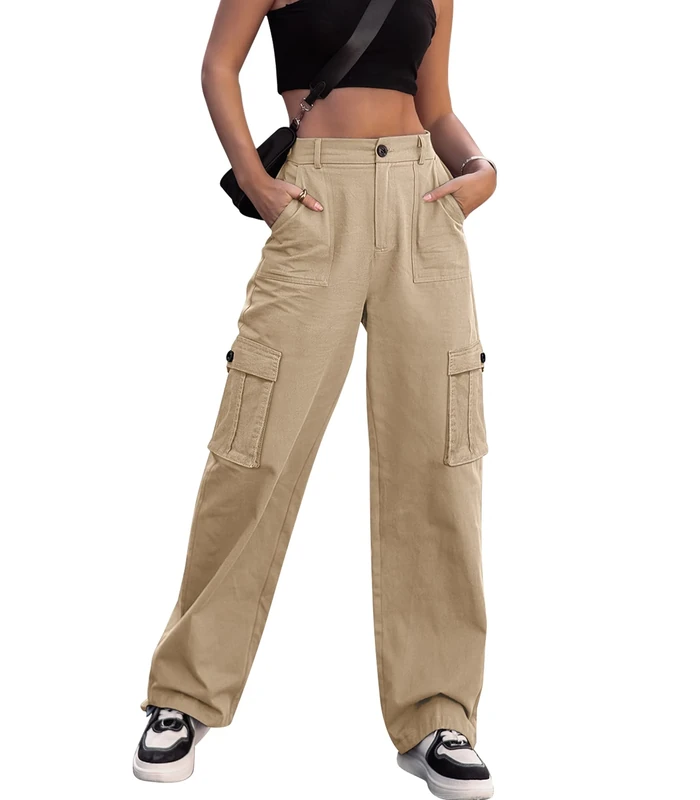 Breampot Womens Cargo Trousers High Waist Hiking Walking Combat Pants Casual Work Bottoms Outdoor Streetwear(Khaki,Large)