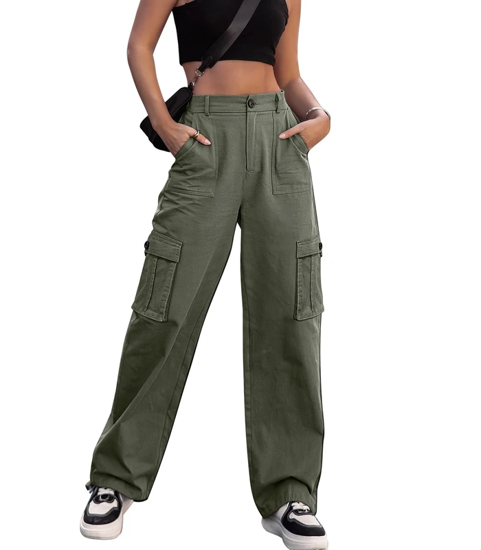 Breampot Womens Cargo Trousers High Waist Hiking Walking Combat Pants Casual Work Bottoms Outdoor Streetwear(ArmyGreen,Large)