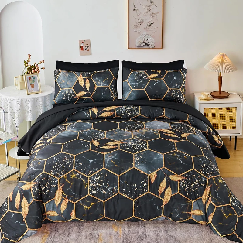 ZRNBAST Honeycomb Black Comforter Set Full Size 7 Pieces Soft Lightweight Hexagon Bedding Comforter Set Black Gold All Season Marble Bed-in-A-Bag Full Down Alternative(Black, Full)