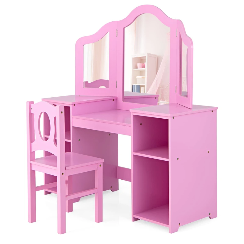 GYMAX Kids Dressing Table and Chair Set, 2 in 1 Children Vanity Table with Tri-Folding Mirror and Storage Shelf, Wooden Girls Make-up Dresser for Bedroom (Pink, With Chair: 30 x 30 x 66 cm) - Image 1