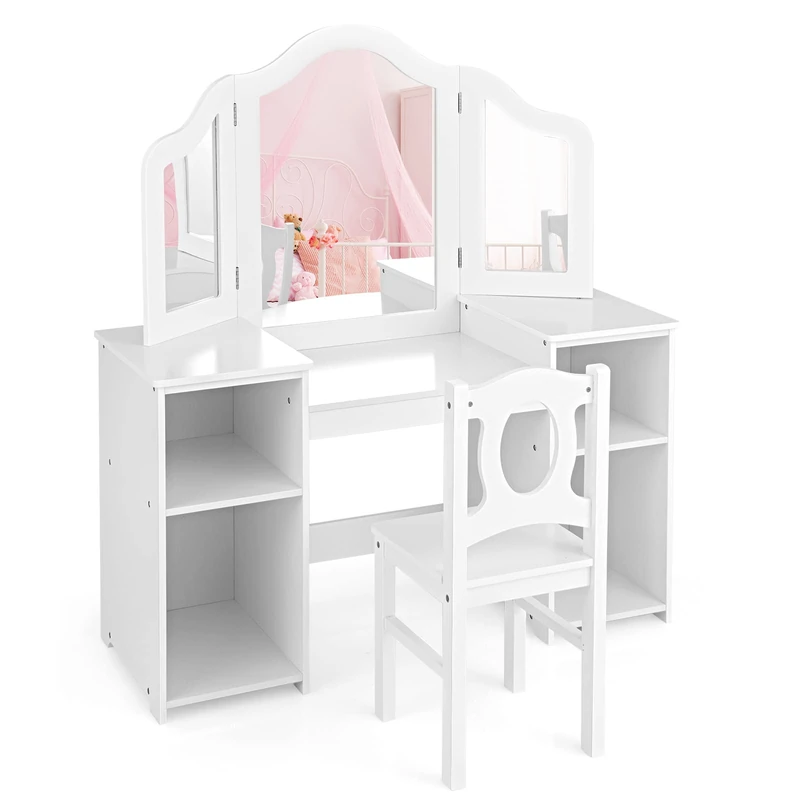 GYMAX Kids Dressing Table and Chair Set, 2 in 1 Children Vanity Table with Tri-Folding Mirror and Storage Shelf, Wooden Girls Make-up Dresser for Bedroom (White, With Chair: 30 x 30 x 66 cm) - Image 1