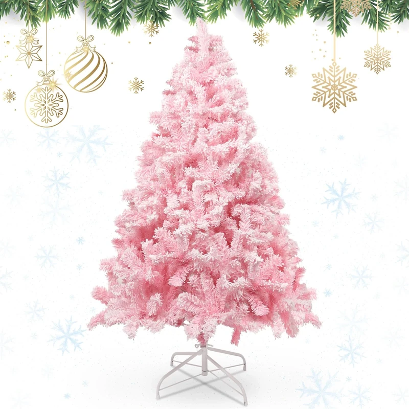 AGM Christmas Tree 5ft, Snow Flocked Artificial Pink Christmas Tree with 600 Branch Tips, Outdoor Xmas Tree for Christmas Decorations