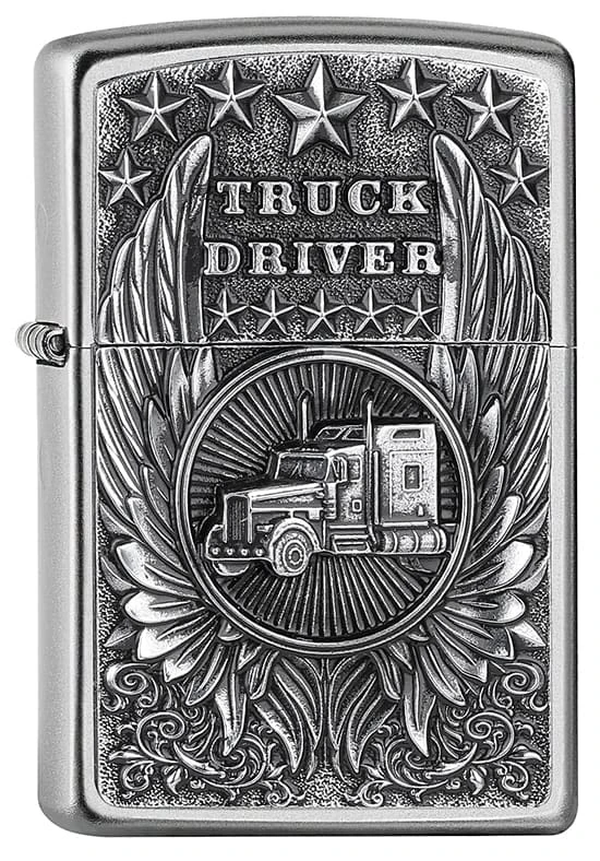 Zippo Windproof Lighter, Trucker Design – Satin Chrome, Emblem – Refillable, Reusable, Windproof Design – Comes in Gift Box – Made in USA