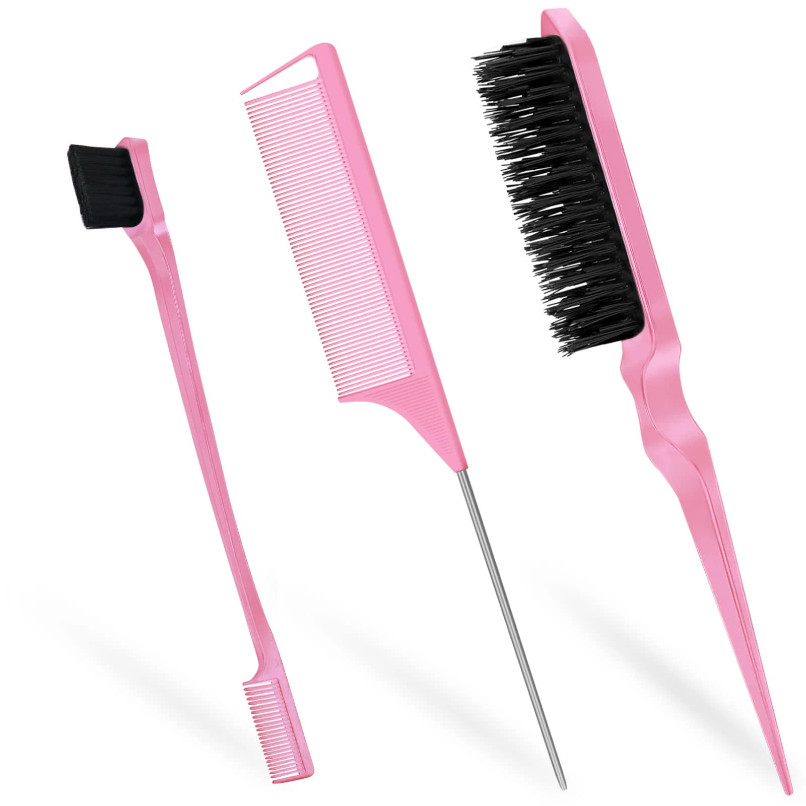 Qufiiry 3-Piece Hair Slick-Back Brush Set - Teasing & Edges Brush for Women's Salon Styling - Pink
