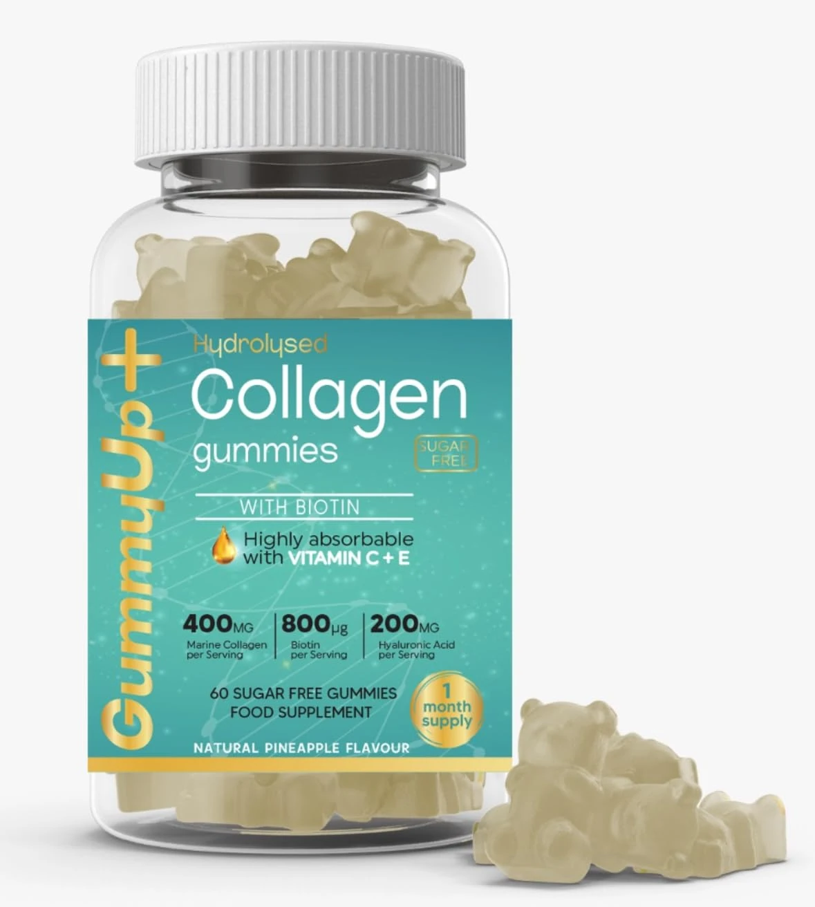 Hydrolysed Collagen Gummies with Biotin + Oral Hyaluronic Acid | Highly Absorbable with Vitamin C+E | 60 Sugar Free Natural Pineapple Flavoured Gummies