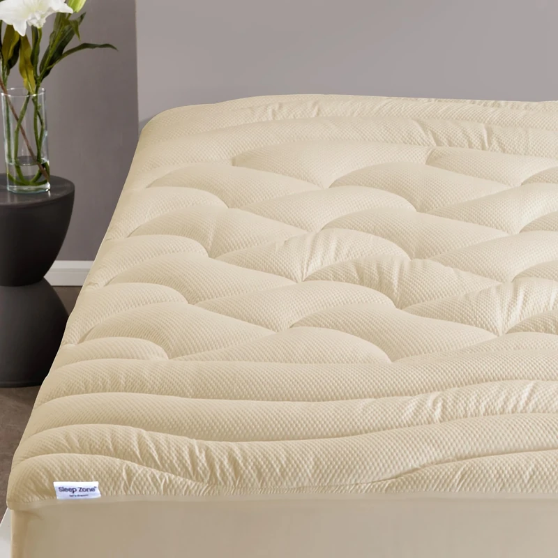 SLEEP ZONE Cooling Queen Mattress Topper, Premium Zoned Cool Mattress Pad Cover, Thick Padded Mattress Protector Breathable Washable, Deep Pocket 8-21" (Beige, Queen)